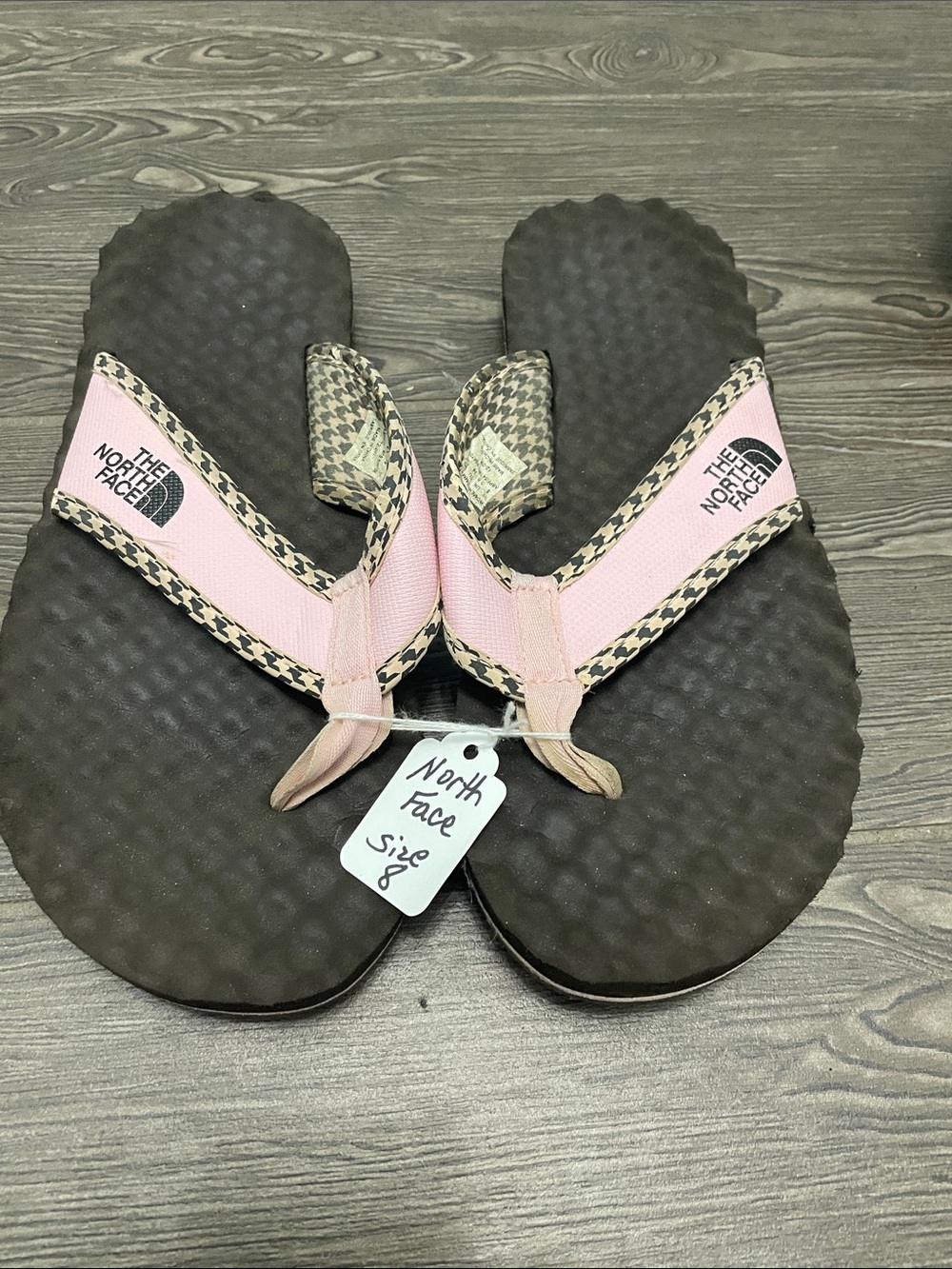The North Face Pink and Brown Houndstooth Trim Flip Flops